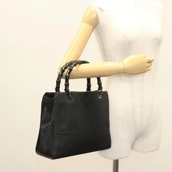 GUCCI GG Canvas Bamboo Hand Bag Nylon Black Silver Auth - Picture 14 of 16